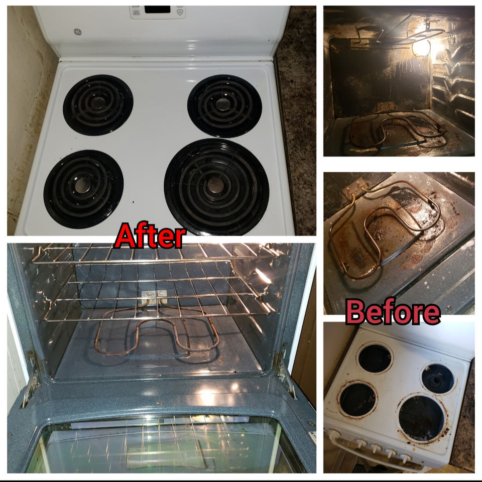Before and after of a stove and oven detailing: baked-on grime removed from burners, elements and oven interior