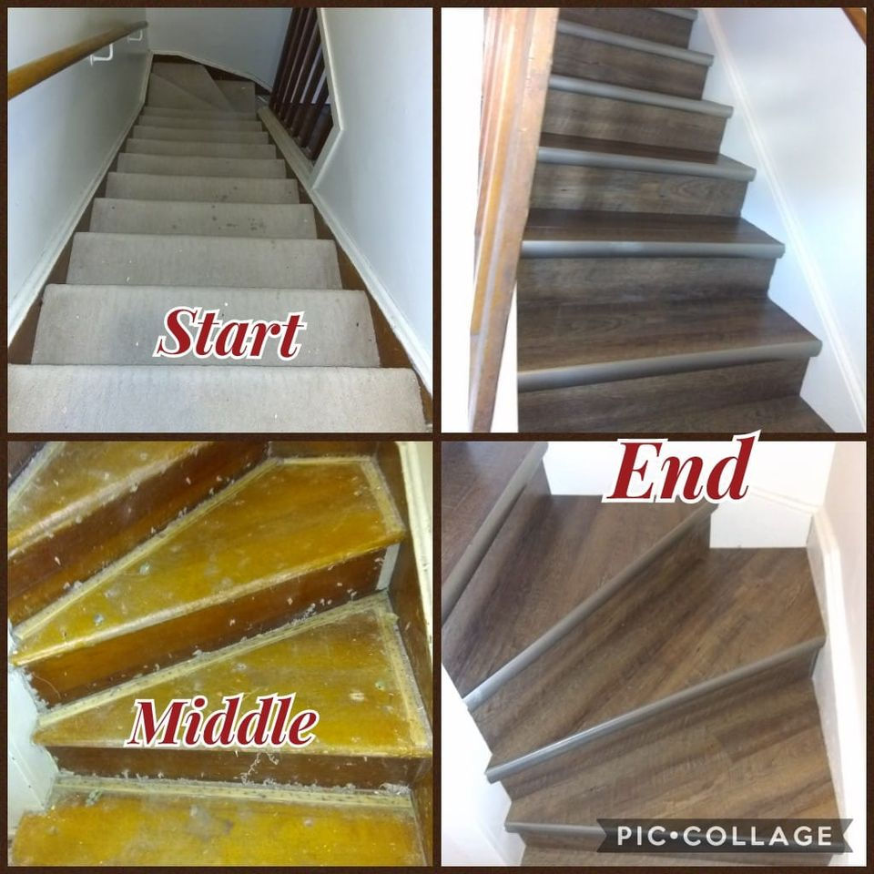 Staircase improvement shown start to finish: worn carpet removed and new vinyl plank treads installed